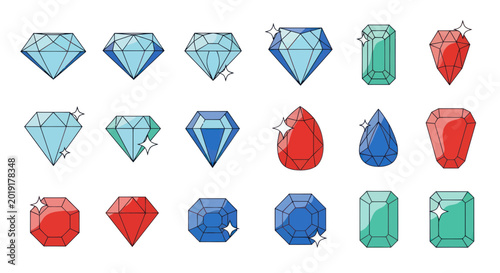 Foto Collection of colorful faceted gemstones and diamonds, isolated on white backgro