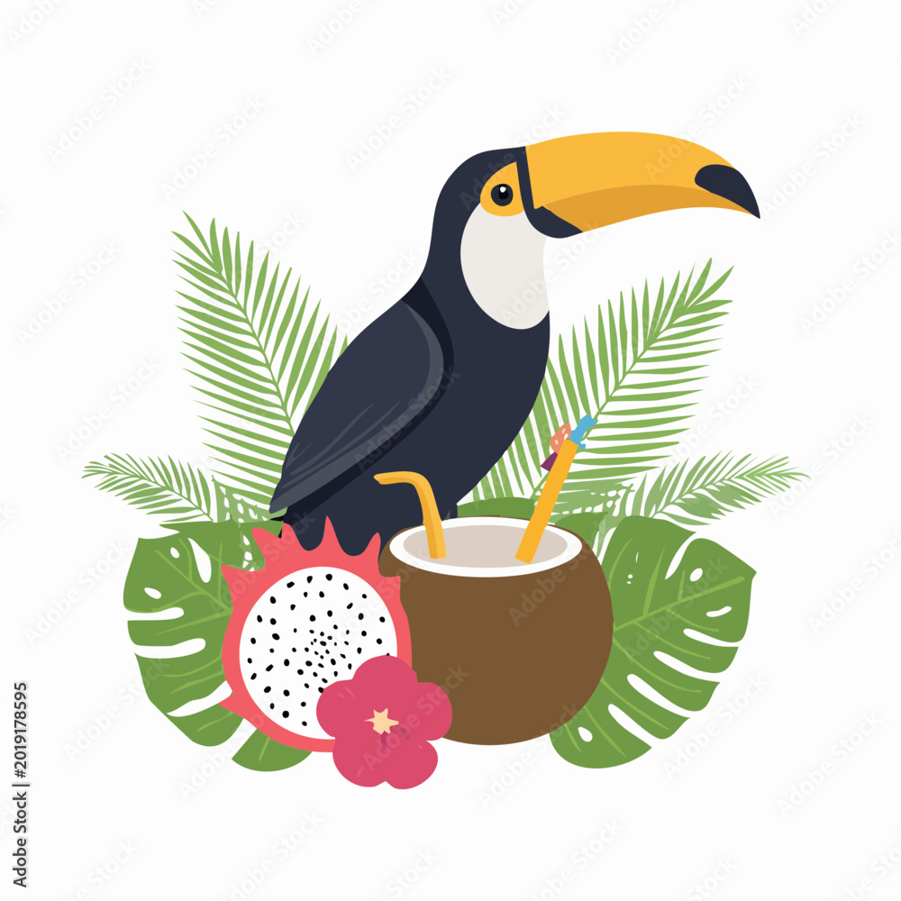 Obraz premium Toucan with Tropical Fruits and Coconut Drink