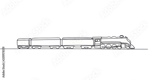 Foto Vintage Steam Locomotive pulling carriages, line art illustration