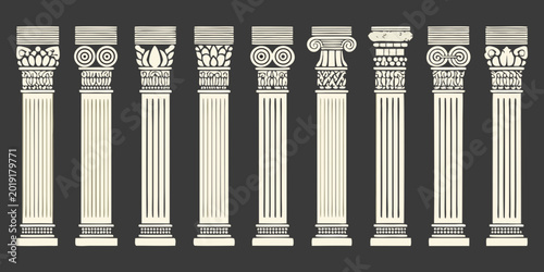Photos eight classical greco roman column designs on dark background