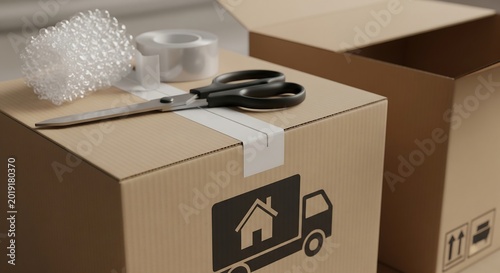 Organized brown corrugated cardboard moving boxes with essential packing supplies including sharp black handled scissors clear adhesive tape and protective bubble wrap neatly arranged on a sturdy