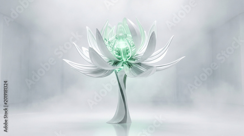Abstract Conceptual Art of a Mechanical Lotus Flower in White and Green