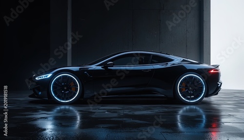 Sleek Black Sports Car with Glowing Wheels Posed in Modern Studio with Dramatic Lighting for Automotive Advertising and Design