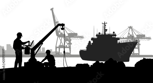 Industrial Port Workers with Ship and Cranes Silhouette