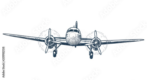 Photos Vintage Twin-Engine Propeller Airplane, Retro Aviation Sketch