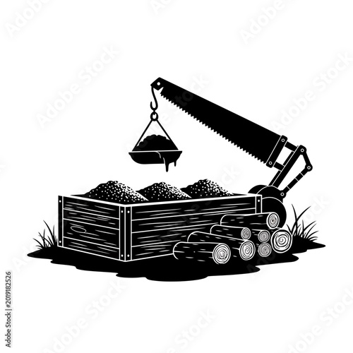 Industrial logging sawmill with logs and sawdust collection bin