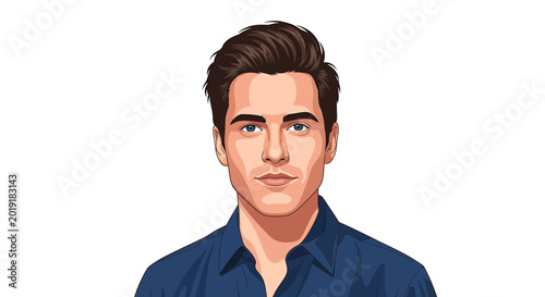 Confident young man with dark hair and blue eyes in blue shirt
