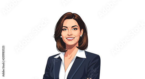 Professional businesswoman in dark suit smiling on white background