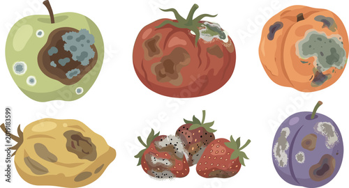 Canvas Print Set of rotten and moldy fruit icons including apple, tomato, peach, strawberry, and plum for food waste and hygiene concepts