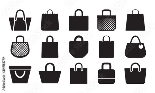 Tableau sur toile Shopping bag icon set vector flat style black collection grocery carry bag for shop market