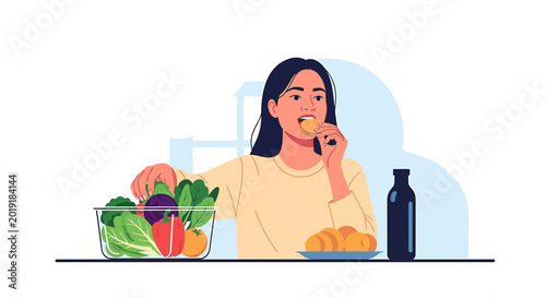 Young woman enjoying healthy meal with fresh vegetables