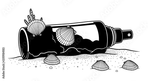 Discarded plastic spray bottle on sand with seashells