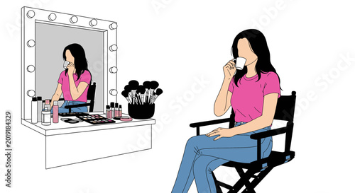 Woman drinking coffee in beauty studio with vanity mirror