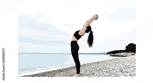 Fitness woman practicing yoga backbend stretch on pebble beach