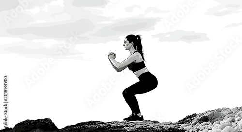 Woman performing deep squat exercise on rocky shore outdoors