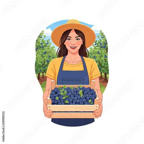 Smiling farmer holding a crate of fresh blueberries in an orchard