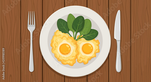 Fried Eggs with Fresh Spinach on a Plate with Cutlery