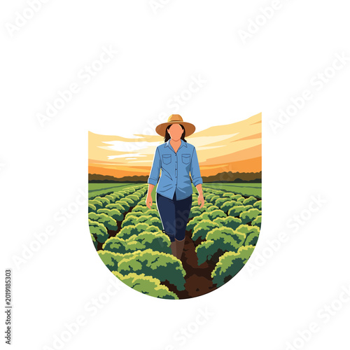 Female farmer walking through green vegetable field at sunset