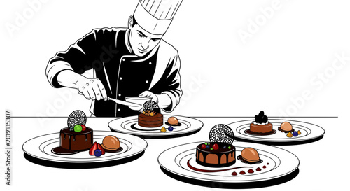 Professional pastry chef decorating elegant chocolate desserts