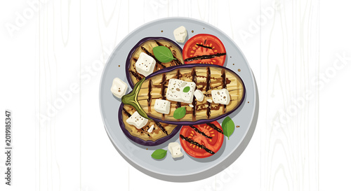 Grilled eggplant and tomatoes with feta cheese on a white plate