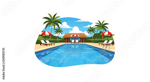 Tropical Resort Swimming Pool with Palm Trees and Sun Loungers