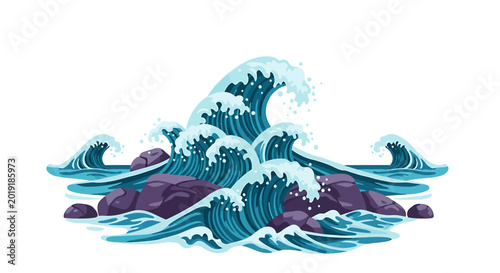 Powerful Stylized Blue Ocean Waves Crashing Against Rocks