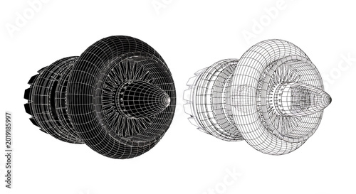 Jet aircraft turbine engine 3D wireframe mesh blueprint
