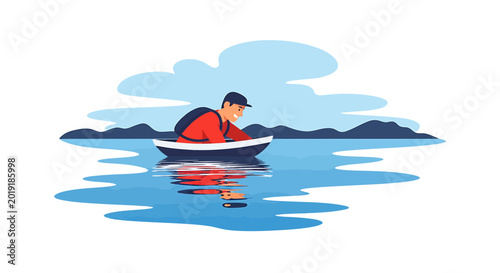 Adventurous man paddling a boat on peaceful lake at daytime