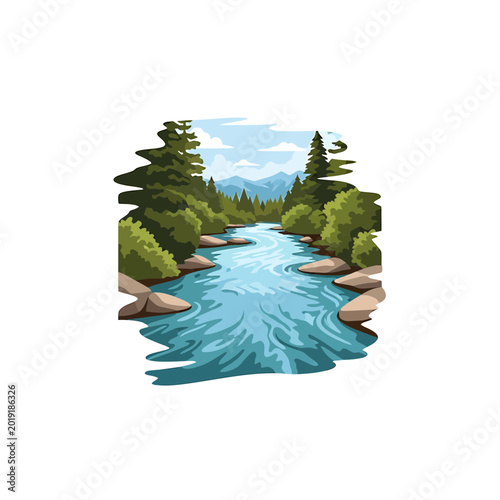 Peaceful mountain stream winding through lush green coniferous forest