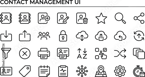 Contact management UI icons set featuring user profiles sharing synchronization search filtering and data organization elements for digital applications