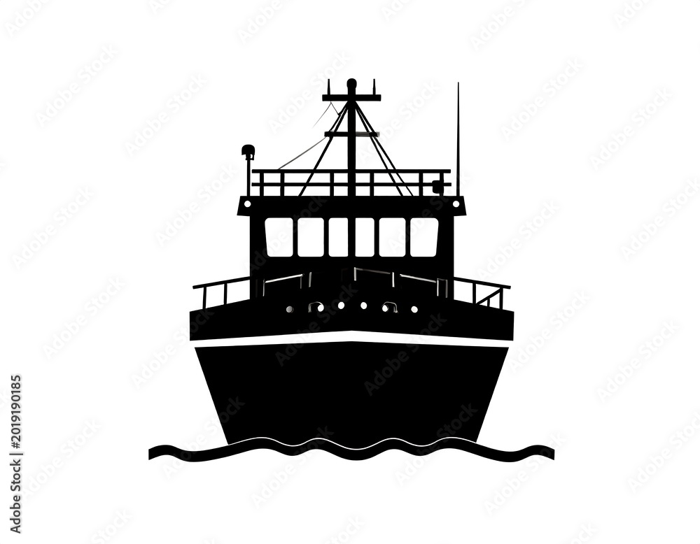 Naklejka premium A stark black silhouette of a ship viewed head-on, with detailed cabin, masts, and railings, sailing on stylized waves