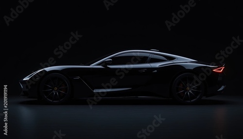 Sleek Silhouette: Modern Black Sports Car in Low Light Studio Setting, Automotive Design and Luxury