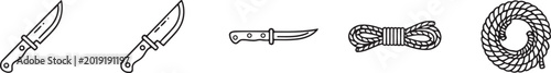 Photos Black and white line art illustration of knives a kukri and coils of rope