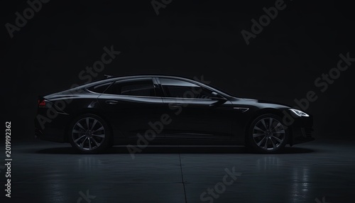 Sleek Black Electric Sedan in a Dark Studio: Side View of Modern Car Design and Automotive Technology