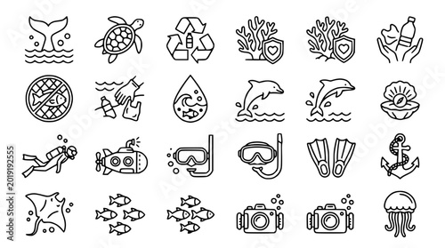 Cuadro en lienzo Ocean Conservation Icons: Marine Life, Recycling, Diving, Pollution, and Protect