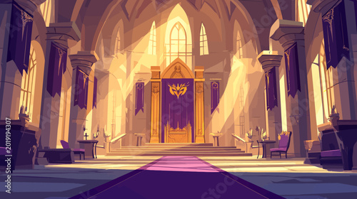 Grand cathedral interior with golden altar, purple banners, towering stained-glass windows, warm golden glow, stone columns, soft shadows, floral-patterned stools, and vaulted arches