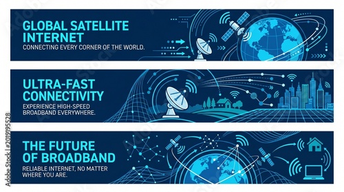 Global Satellite Internet: A striking illustration showcases the interconnectedness of global satellite internet, with detailed representations of satellites, earth, and sleek.