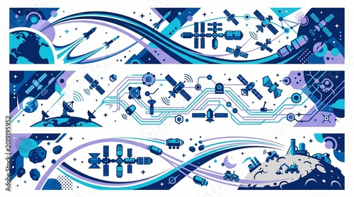 Celestial Canvas: An illustration of a network of space-bound elements. The design creates a dynamic representation of orbital technology