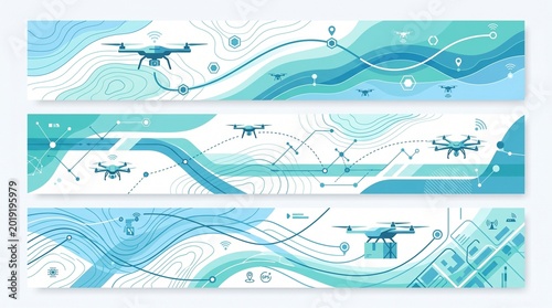 Skybound Logistics: Cutting-edge banners showcasing drones navigating intricate routes and advanced technology, signifying the future of smart transportation and delivery systems.