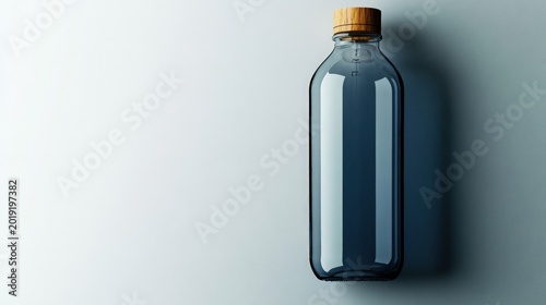 Glass bottle w/ wood cap on neutral background