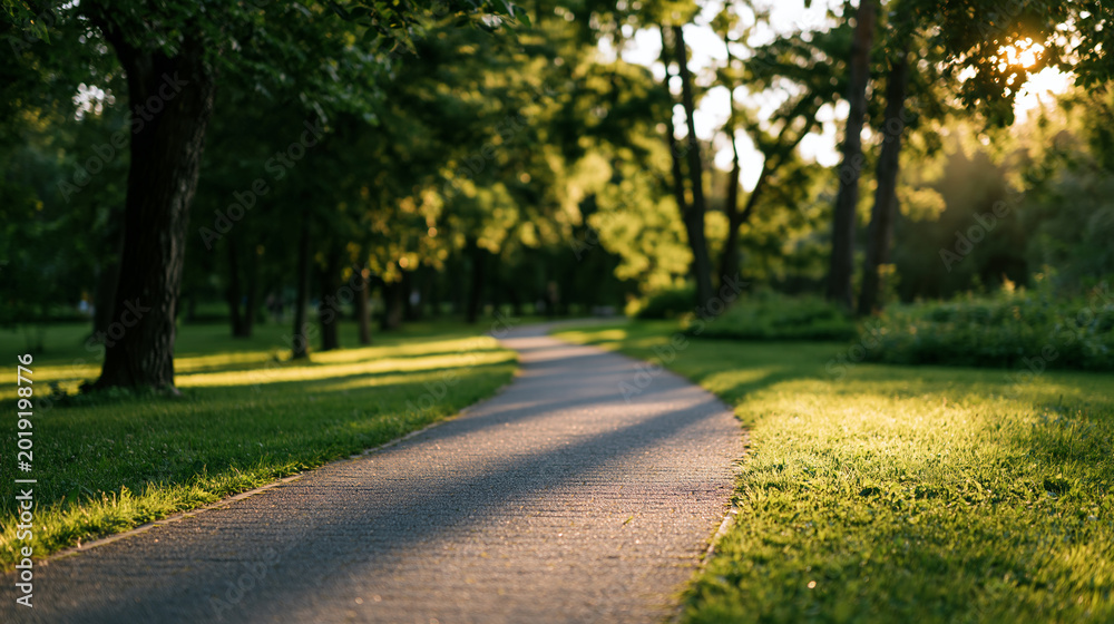 Obraz premium Sunlit path in a park leading into soft sunset light, peaceful nature walkway concept, with copy space