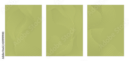 Abstract wall art set, minimalist green lines forming a fluid, wave-like shap...