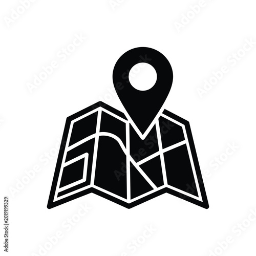 Open folded paper map icon with location pin marker symbol indicating place on folded map for navigation or travel destination planning.