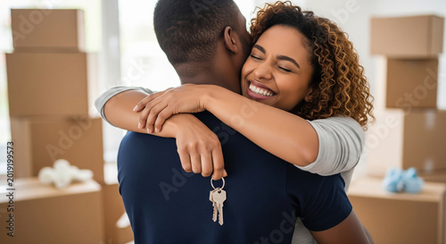 Happy couple hugging in new house surrounded by boxes perfect for real estate moving and relocation