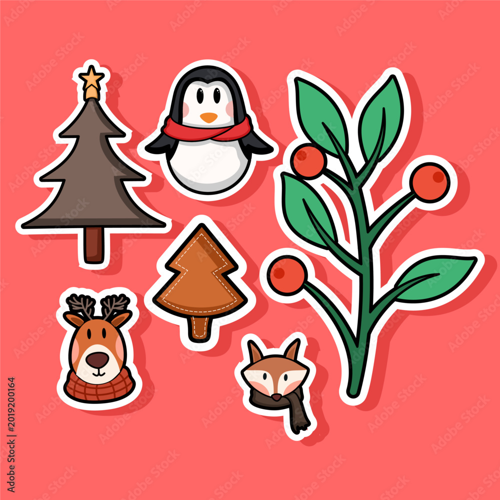 Naklejka premium Cute Christmas Animal and Winter Sticker Element Set