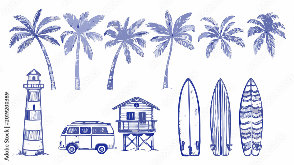Obraz premium beach scene illustration with palm trees lighthouse and surfboards