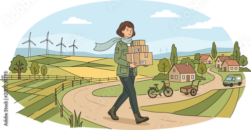 Bild auf Leinwand Eco Friendly Rural Delivery Service with Woman Carrying Cardboard Boxes in Count