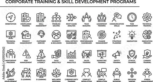 Obraz na płótnie Corporate training and skill development outline icon set with leadership, compl