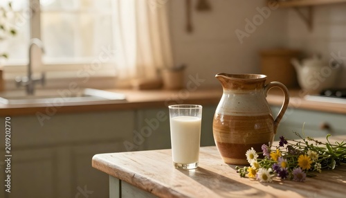 A pitcher of fresh milk beside a bouquet of flowers on a kitchen counter, celebrating National Dairy Month