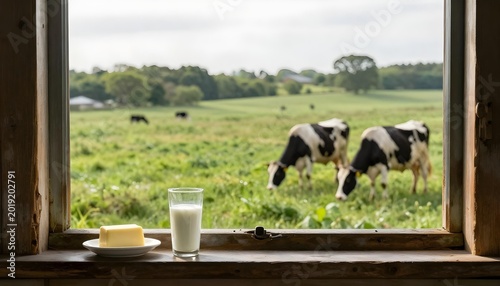 A serene scene of dairy cows grazing, accompanied by a glass of milk and a butter knife, highlighting National Dairy Month
